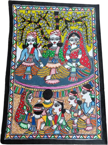 Handmade Sheet Gram Panchayat Scene In Mithila Painting