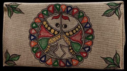 Ladies Beige Mithila Painting Hand Painted Silk Clutch Purse