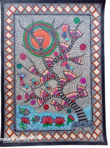 Tree OF Life With Sun And Birds In Mithila Painting