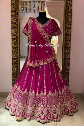 Cherry Bridal Lehenga In Pure Silk With Zardozi, Pearl & Resham Embroidery