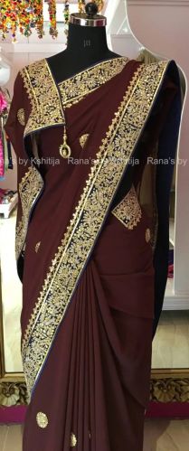 Pure Georgette Pure Raw Silk Coke Brown Colored Designer Saree