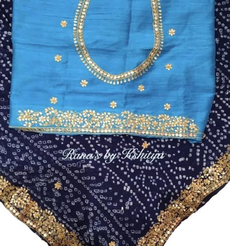 Deep Blue Bandhani Saree With Gota Work On Pure Georgette