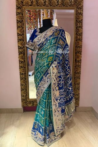 Designer Peacock Gota Patti Gharchola Saree In Blue Green