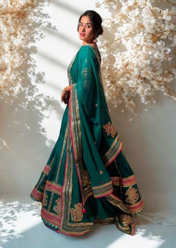 Emerald Green Raw Silk Gota Patti Lehenga Set