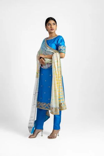 Firozi Blue Peacock Design Suit In Pure Silk