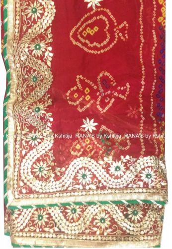 Pure Georgette Floral Flower Bale Red Bandhej Saree