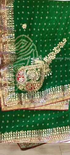 Gota Patti Pure Georgette Green Bandhej Saree With Beautiful Motif
