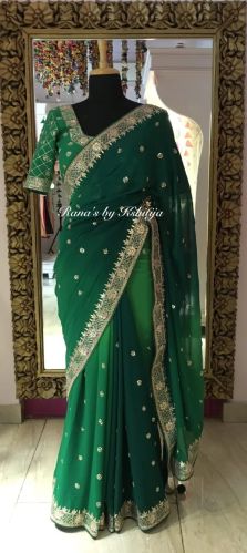 Pure Georgette Pure Crepe Green Ombre Dyed Designer Saree