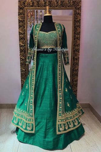 Green Raw Silk Jacket Skirt Set With Marodi Handwork