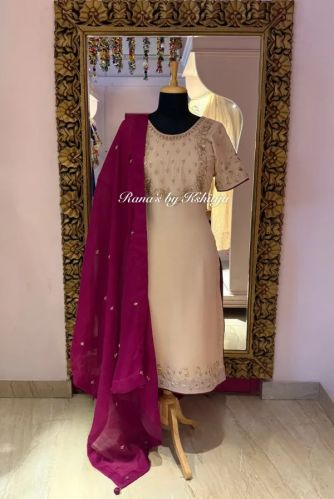 Pure Georgette Handcrafted Zardozi Beige Wine Suit Set