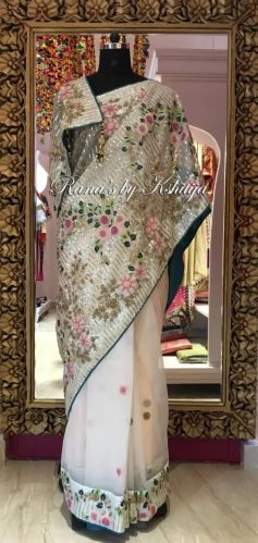 Intricate Hand Embroidered Designer White Saree