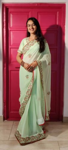 Light Green Designer Handmade Saree In Pure Georgette