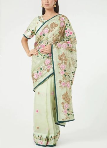Pure Organza Light Green Handmade Designer Saree