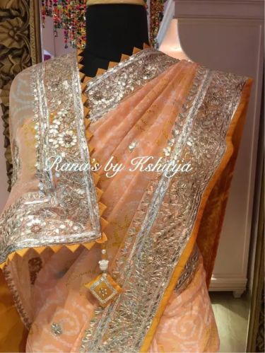 Pure Georgette Light Peach Gota Handwork Bandhani Saree
