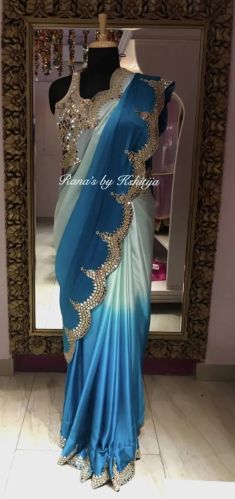 Ombre Dyed Blue Mirror Work Saree With Exclusive Designer Blouse