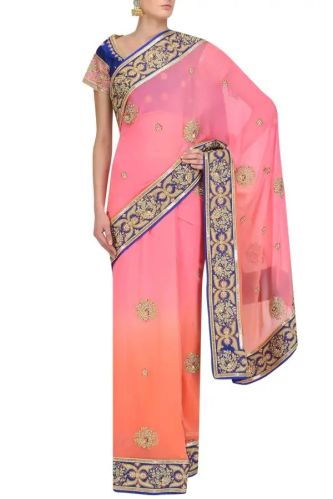 Pure Georgette Pastel Peacock Ombre Dyed Saree, Color : Orange, Blue