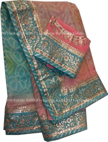 Pure Georgette Peach Blue Shaded Bandhej Saree
