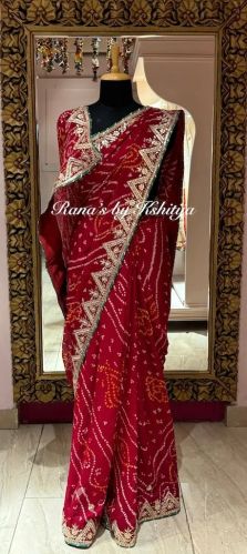 Pearl Gota Work Deep Red Bandhani Saree