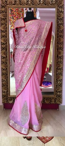 Pure Georgette Pure Raw Silk Pink Jaal Gota Patti Saree