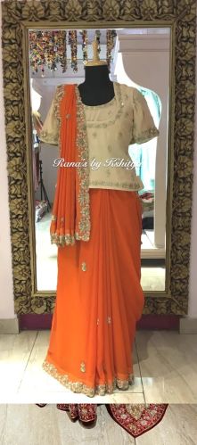 Pure Georgette Pure Raw Silk Poshak Styled Designer Saree In Cutwork