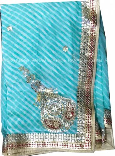Pure Georgette Floral Motifs Pretty Blue Gota Patti Leheriya Saree