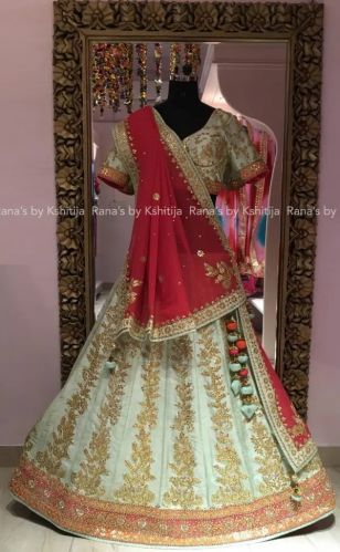 Pure Raw Silk Pure Georgette Pretty Mint Green Gota Patti Lehenga