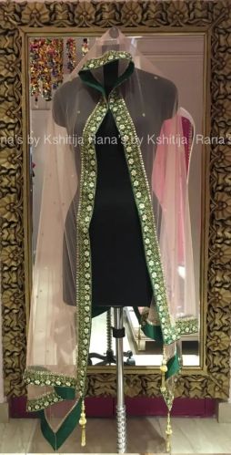 Pretty Rich Zardozi Worked Net Dupatta, Color : Peach