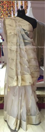 Diagonal Gota Work Pure Organza Saree, Color : Pearl White