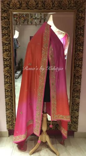 Pure Silk Pink Embroidered Ombre Dyed Dupatta