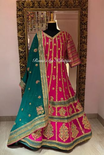 Regal Pink Gota Patti Anarkali With Grand Border & Green Dupatta