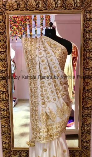 Pure Satin Georgette Pure Silk Regal White Jaal Worked Golden Saree