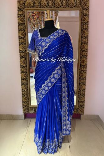 Pure Silk Royal Blue Satin Georgette Embroidered Saree