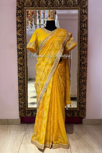 Yellow Bandhani Saree In Handwork