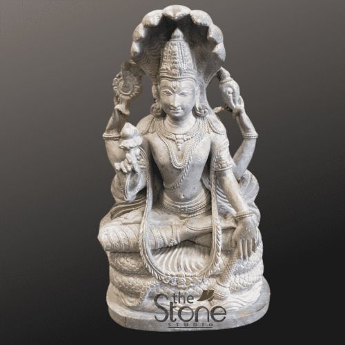 Pink Stone Vishnu Statue Sitting on Sheshnaga