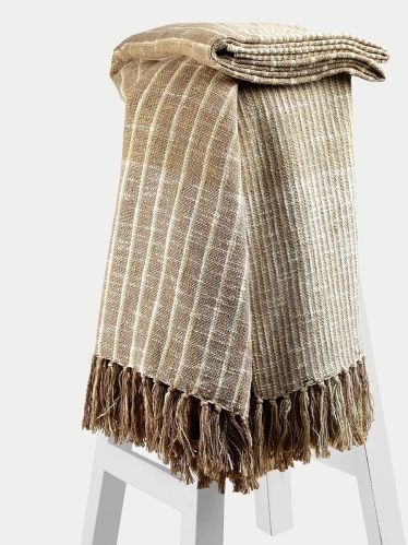 Beige Cream Stripes Checks Handwoven Cotton Bedcover