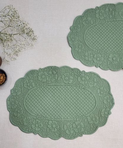 Set OF 2 Quilted Cotton Light Olive Oval Table Mats