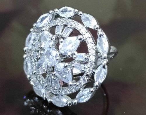 T4 Jewels Free Size Circle Design Artificial American Diamond Silver Color Women Ring