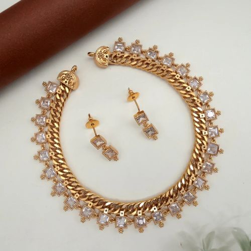 Women Premium Square Stone Bridal Jalebi Necklace Set - White