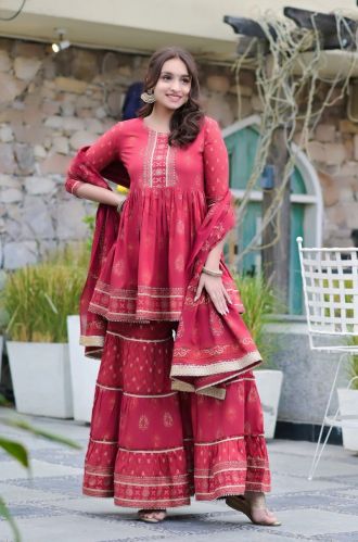 Cotton Cambric Maroon Elegance Printed Sharara Suit Set