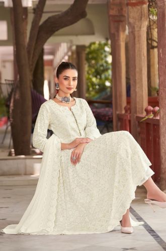 Sequined Charm OFF White Women Chikankari Anarkali Suit