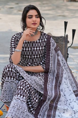 Women Chikankari Coffee Dyed Rayon Sharara Suit Set