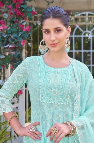 Women Cotton Lino Dobby Anarkali Suit With Organza Dupatta