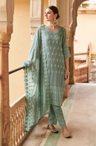 Women Embroidered Sequins Olieve Green Kurta Set