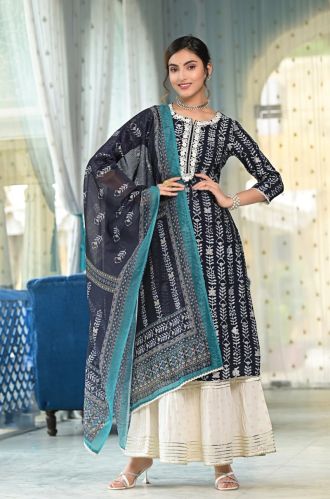 Women Gota Work Navy Blue Sharara Suit Set