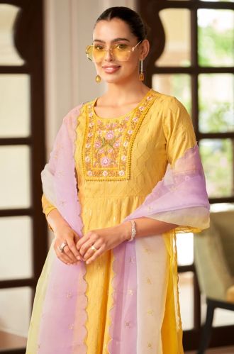 Women Mustard Cotton Chikankari Anarkali Suit WITH Ombre Dupatta