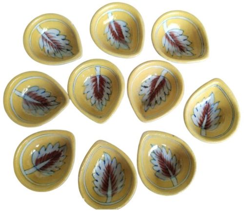 Mustard Leaf Blue Pottery Ceramic Diya for Decoration, Lighting