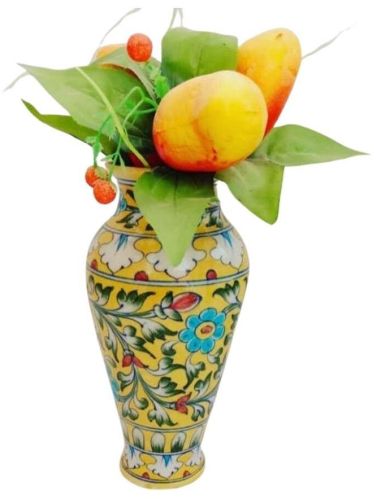 Yellow Floral Blue Pottery Ceramic Vase
