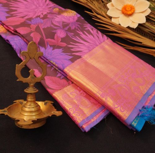 Blossoms OF Elegance: Purple Floral Printed Kanchipuram Silk Saree