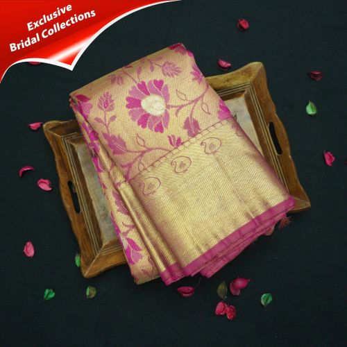 Full Gold Pure Zari Rani Pink Meenakari Brocade Bridal Tissue Saree