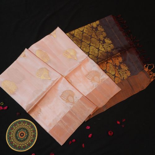 Pastel Peach Kanchipuram Soft Silk Saree with Trendy Golden Zari Butta